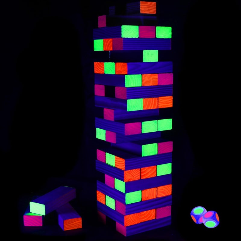 Ahuimeius 54 Piece Glow Tumble Tower Board Games, Glow in The Blacklight Tumble Tower, Indoor/Outdoor Board Game for Adults for Family Game Night - Image 1